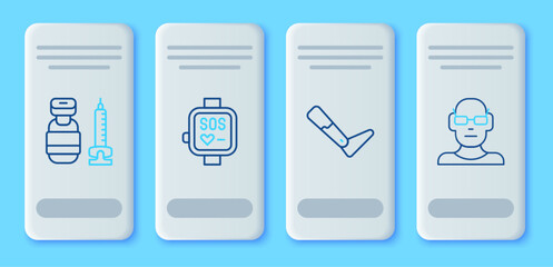 Poster - Set line Smart watch, Prosthesis leg, Syringe and Poor eyesight icon. Vector