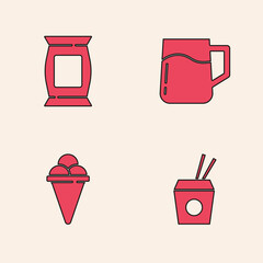 Wall Mural - Set Asian noodles and chopsticks, Bag or packet potato chips, Wooden beer mug and Ice cream in waffle cone icon. Vector