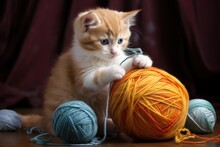 A Kitten Playing With A Huge, Oversized Ball Of Yarn