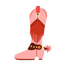 Retro Cowgirl Boots With Traditional Fringe And Spur. Vector Pink Boots In Cowboy And Western Style. Simple Funny Shoes Of Wild West With Ornament For Postcard, T-shirt Print, Cowboy Party Design.