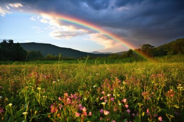 Poster - clover field with a rainbow in the background after a rain