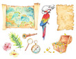 Pirate theme Treasure hunt. Watercolor vector graphic collection: parrot wearing pirate hat, old pirate map, altered paper sheet, treasure chest, compass, spyglass, magnifying glass, hibiscus etc.