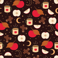 Wall Mural - Autumn seamless pattern.  It features warm hues of the season, including a cup of steaming apple cider, aromatic cinnamon sticks, and celestial motifs. 