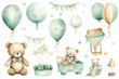 Watercolor illustration on a children's theme, a cute funny bear with gifts, flowers and balloons, pastel colors