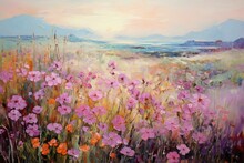 Impressionist Landscape With Colorful Flowers In Various Shades Of Pink And Purple. Generative AI