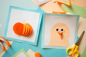 Wall Mural - paper craft for kids. DIY cards with pumpkin and Turkey for thanksgiving day. create art for children.