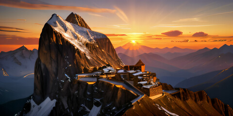 Mountain top with beautiful sunset in background. Extremely detailed and realistic high resolution illustration
