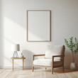 © Felomena - Harmonious Serenity: Minimalist White Chair and Lamp on Wooden Cabinet with Framed Poster, Zen-Inspired Earth Tones, Ambient Occlusion, and Flattering Lighting in Large Canvas Minimalism Mockup.