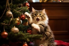 Christmas Concept. Hooligan Cat Wants To Drop The Christmas Tree
