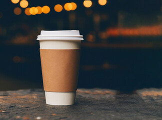 one glass of coffee eco friendly paper on city bokeh background