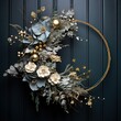 asymmetrical Christmas wreath on a door or wall made of natural materials and flowers