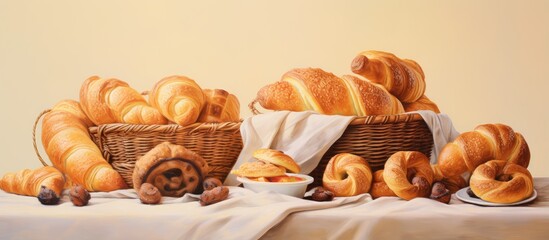 Poster - Assortment of breads and pastries for morning meal isolated pastel background Copy space