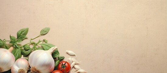Fototapete - Basil garlic tomato on isolated pastel background Copy space