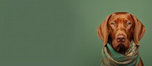 Close Up Portrait Of A Cute Hungarian Vizsla Wearing A Green Scarf Gazing At The Camera Against A Isolated Pastel Background Copy Space