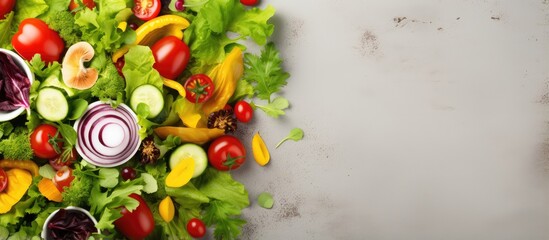 Poster - Closeup of a refreshing salad made with fresh vegetables isolated pastel background Copy space