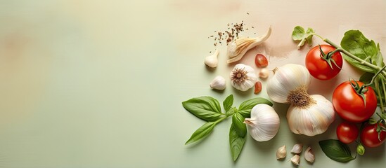 Fototapete - Basil garlic tomato on isolated pastel background Copy space