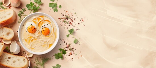 Wall Mural - Beef broth noodles garlic toast with eggs benedict all homemade isolated pastel background Copy space