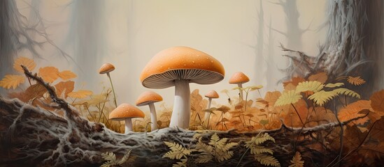 Aufkleber - Closeup of a white hatted mushroom in the forest during autumn isolated pastel background Copy space