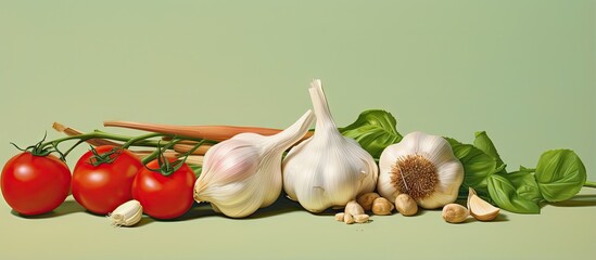 Fototapete - Basil garlic tomato on isolated pastel background Copy space