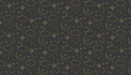 Wall Mural - goldren metallic line art seamless vector pattern with sun, moon and stars. night sky space repeating pattern on gray background. astrology, numerology, tarot, horoscope, magic, witch, halloween