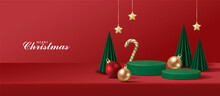 Christmas Banner For Product Demonstration. Green Pedestal Or Podium With Bauble, Candy Cane And Christmas Trees On Red Background.