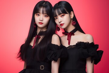 Two asian women in black dress on red background.Generative Ai