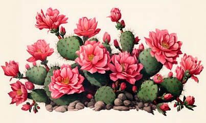 Sticker - illustration of a cactus with pink flowers, Generative ai