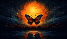 An Illustration Shows The Appearance Of A Butterfly, In The Style Of Dark Sky-orange And Amber