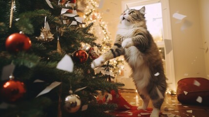 Poster - A cat standing on its hind legs in front of a christmas tree