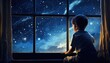 A young boy looking out a window at the stars