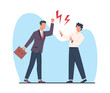 © YummyBuum - Conflict between boss and an employee, between two company managers. Man yelling at upset worker. Firing sad clerk. Stressful office situation. Cartoon flat style isolated vector concept