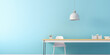 © dinastya - Light blue classroom, empty teacher's table front view, minimal school table template.