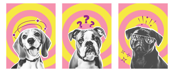 Vertical posters template with Dogs different breeds Halftone style. Surreal Collage Pet Pug, Beagle, Bulldog. Contemporary vector advertising flyers