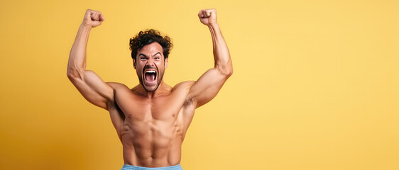 Wall Mural - Cheerful young athlete with strong body, happy emotion portrait, fitness center banner template.
