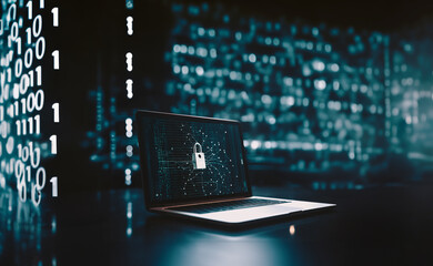 Notebook with Lock on Display and Binary Code Background. protection system development and programing concept