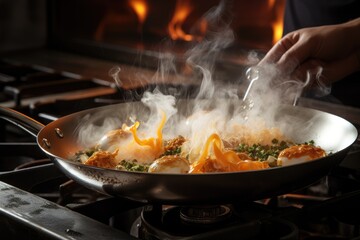 scrambled eggs with yolks with meat and vegetables in a frying pan on a gas stove. close up of food cooking process with hot steam