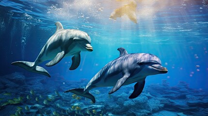 dolphins swimming in the blue ocean , Dolphins inhabiting Mikurajima in Tokyo