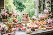 © Anneleven - Wedding buffet table, event dessert food catering for wedding, party and holiday celebration, cakes, sweets and desserts in a country garden, generative ai