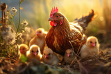 Fototapeta Młodzieżowe - hen walks with her chicks