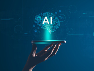 brain on hand holding mobile.Artificial Intelligence or AI brain analysis information.Technology and science concept,machine learning system.Hi-tech and futuristic world.Digital concept background.