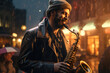 © Michael - A street musician plays jazz saxophone against the backdrop of a night city
