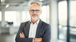 © BlazingDesigns - Portrait of handsome senior businessman posing with arms crossed in the office. Smiling mature confident professional executive manager, proud lawyer, confident businessman leader.