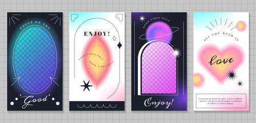 Set of trendy blur gradient posters for social media, ig stories templates. Vintage y2k pastel color covers with blurred geometric shapes. Vector flyers of aura aesthetic elements with defocus effect.