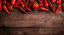 A Flat Lay Arrangement With Fresh Chili Peppers, Providing Space For Text Against A Wooden Backdrop.