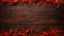 A Flat Lay Arrangement With Fresh Chili Peppers, Providing Space For Text Against A Wooden Backdrop.