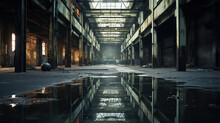 The Interior Of An Abandoned Factory Is Illuminated By Bright Lights.