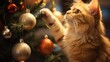 A cat reaching up to a christmas ornament
