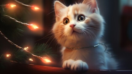 Poster - A white cat sitting on top of a table next to a christmas tree