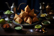 Indian snacks vegetable Samosas a spicy blend of vegetables wrapped in a deep fried triangular pastry parcel, fried Indian food . AI Generative