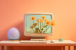 © Breezze - Flowers emerging from a vintage computer with mouse and keyboard on a table, set against a pink wall; a blend of minimalism, retro-futurism, and nostalgia